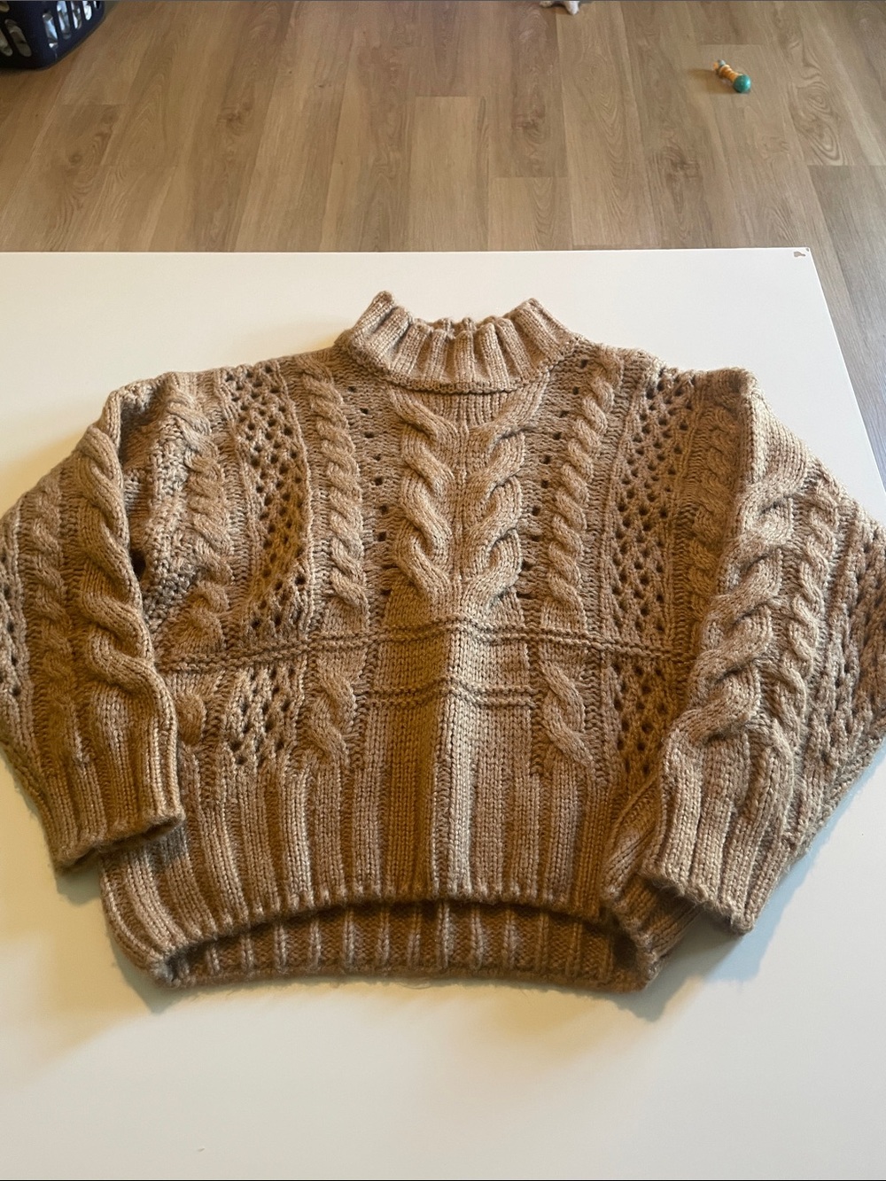 Chunky Cable Knit Turtleneck Sweater in Beige